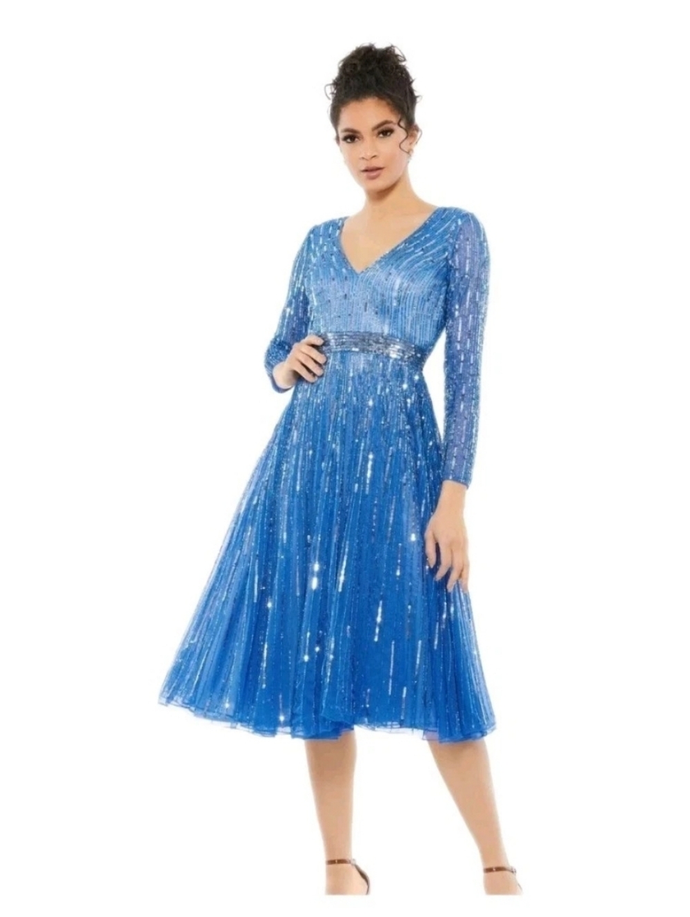 Mac Duggal 5528 Long Sleeve Sequins Tea Length Midi Dress Blue Denim Size 24W